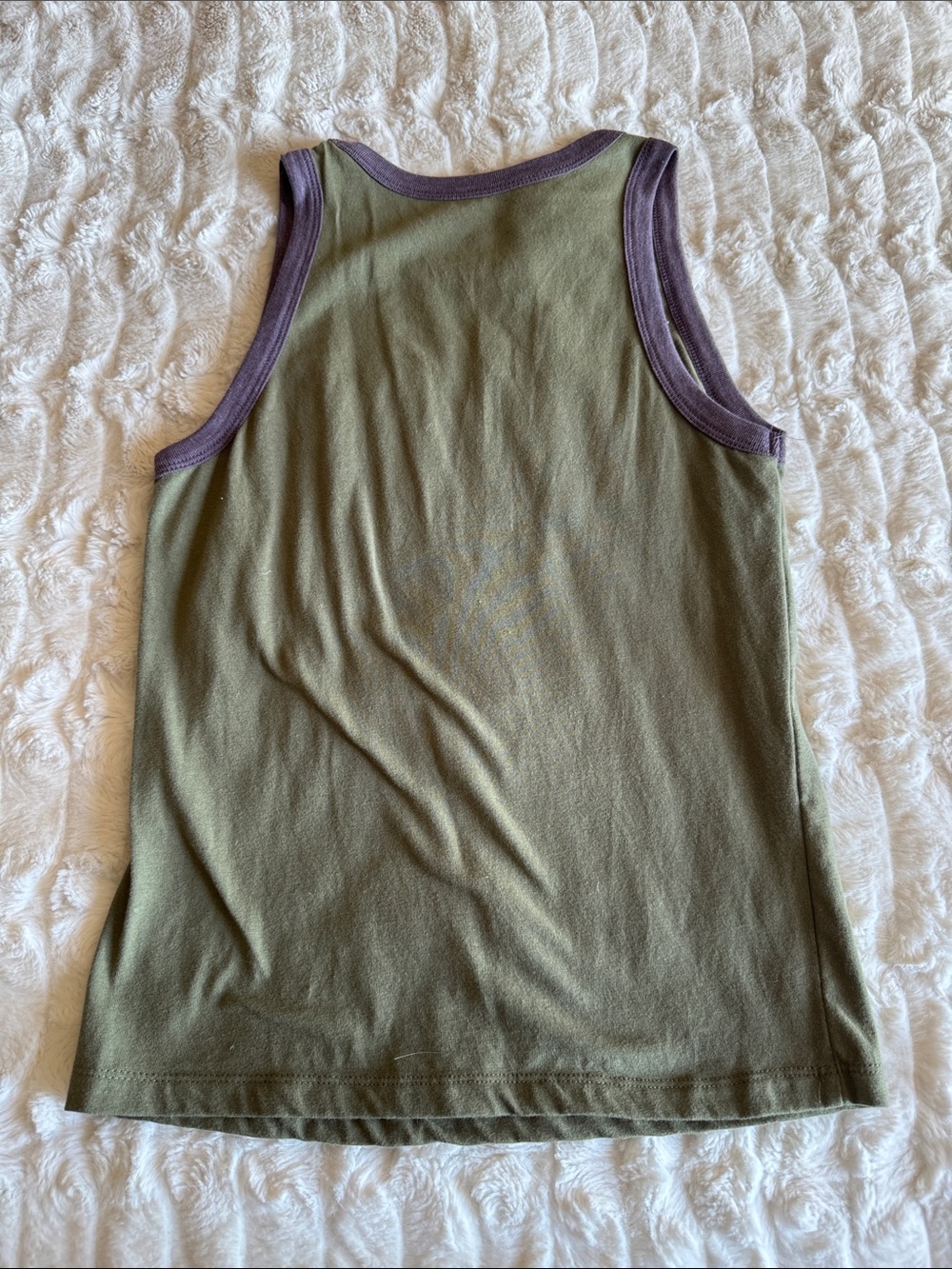 Natural Life Olive Tank Top with Purple Trim and Orange-Pink Peace Graphic - Picture 3 of 3